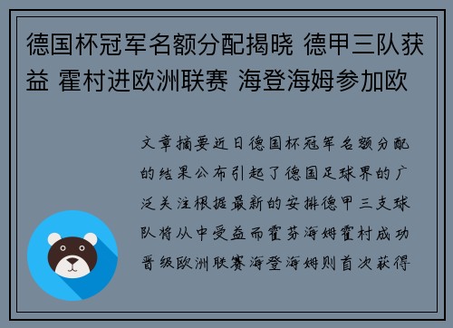 德国杯冠军名额分配揭晓 德甲三队获益 霍村进欧洲联赛 海登海姆参加欧洲联盟杯